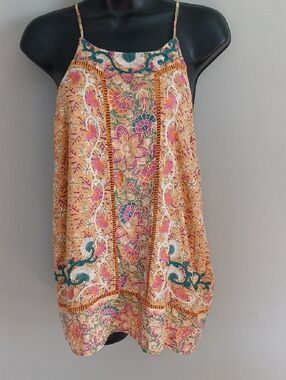 Anthroplogie Bohemian Floral Embroidered Spaghetti Strap Top- Yellow Pink